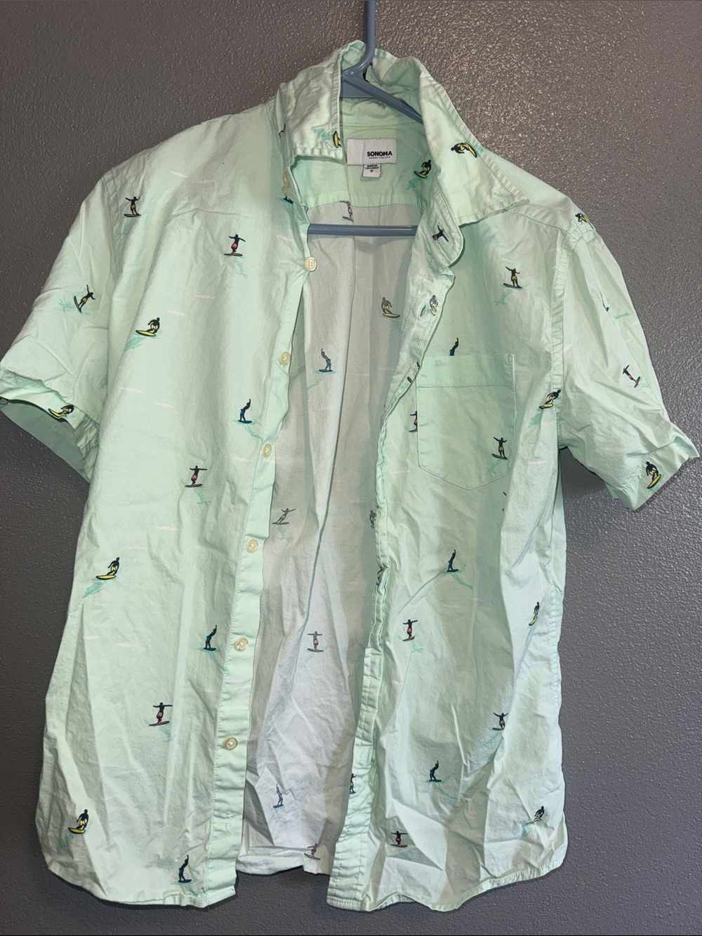 Sonoma Mint Short-Sleeve Surf Embroidered Button-Up